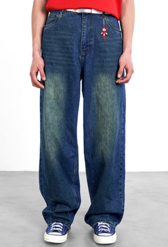 FMACM 深蓝绿色漆感做旧复古宽松水洗牛仔裤