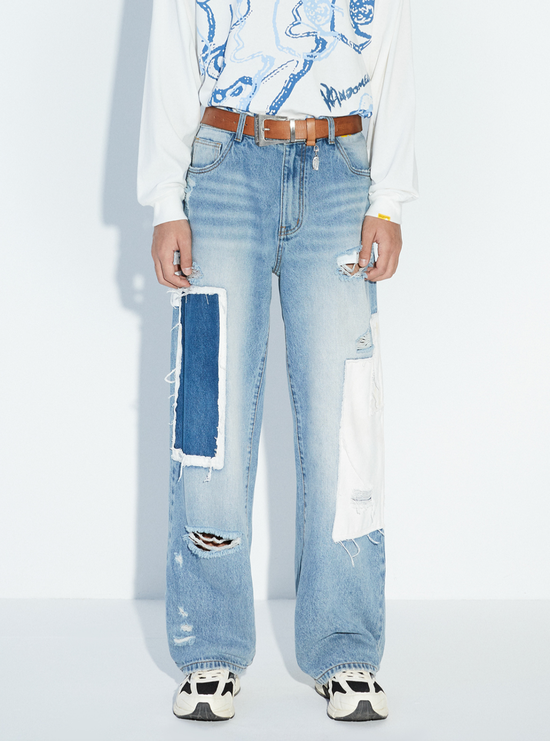 RANDOMEVENT 仿旧洗水不对称贴布牛仔裤