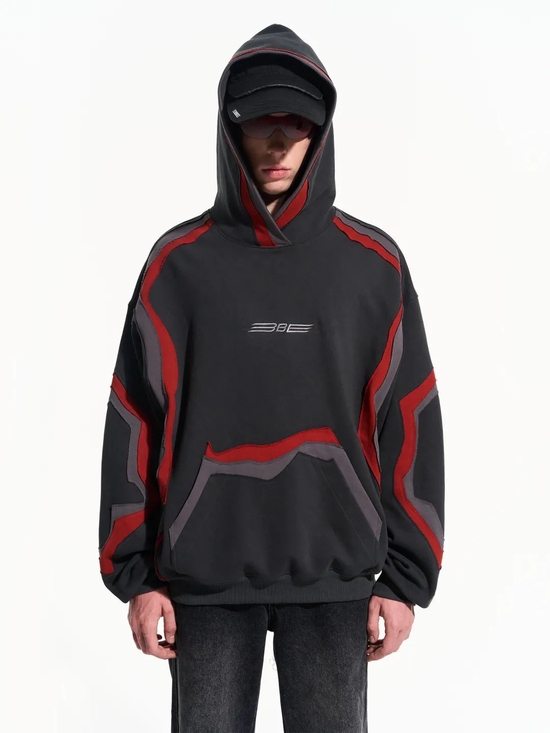 BLIND NO PLAN 不规则异形设计纹路拼色刺绣连帽卫衣