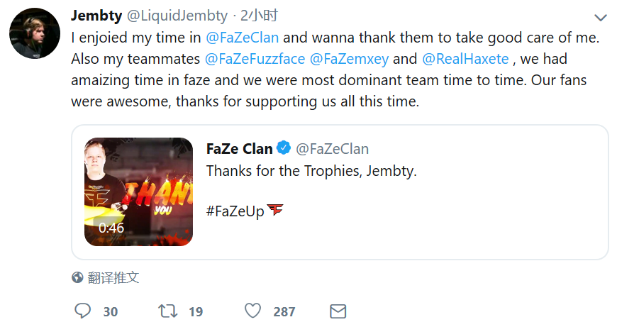 Jembty：感谢Faze战队的照顾，感谢队友，感谢粉丝